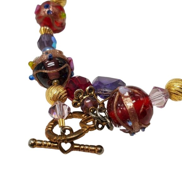 Artisan Wedding Cake Glass Bead Bracelet 22k GF Hand Blown Toggle Clasp Red - Picture 6 of 16